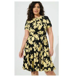 Torrid At The Knee Super Soft Drape Front Skater Dress Black Yellow Floral 3X